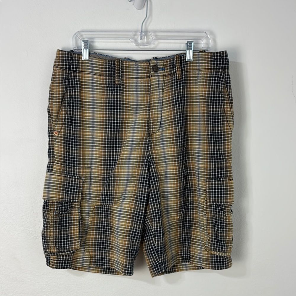 Tommy Bahama Mens 34 Tan & Navy Plaid‎ Cargo Bermuda Shorts Vacation Resortwear